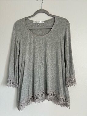 Max Studio Heather Grey Lace-Trim Long Sleeve Tunic Blouse Size M